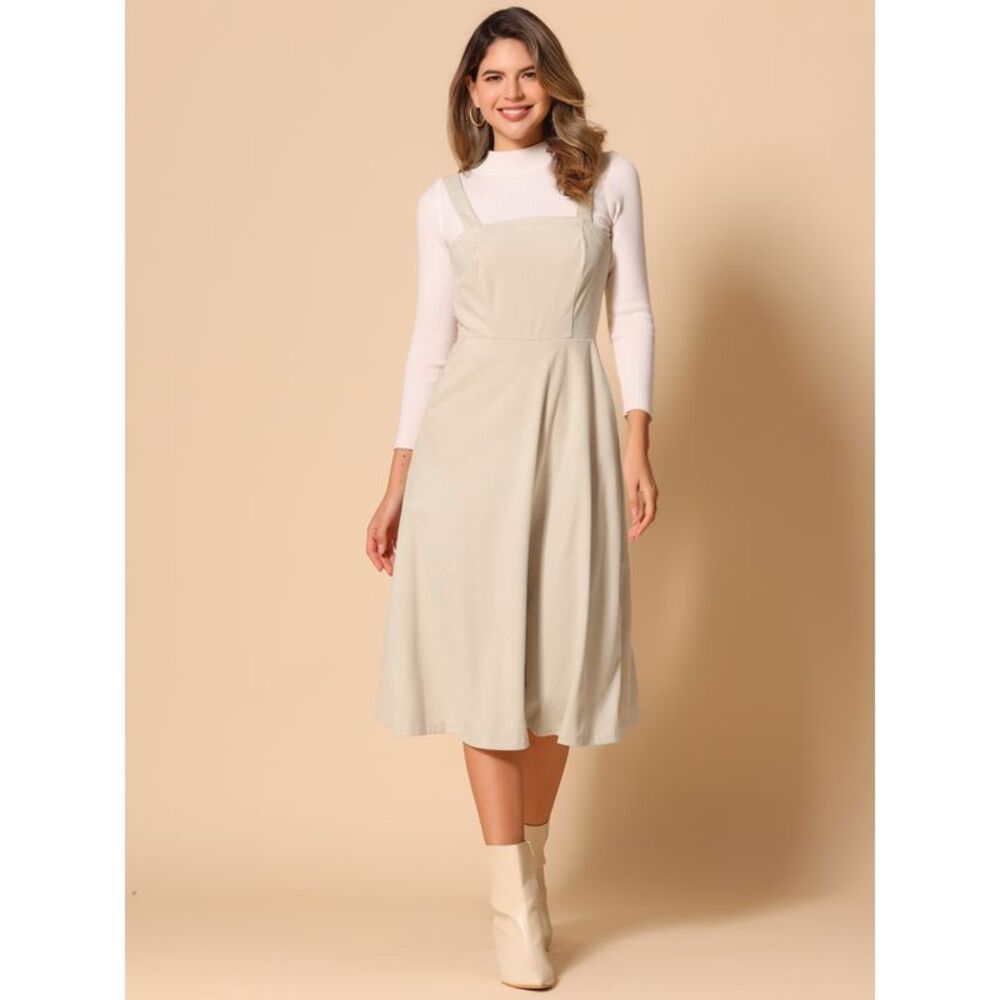 Tank Ribbed Vintage A-Line Sleeveless Casual Midi Dress Beige - Picture 4 of 5